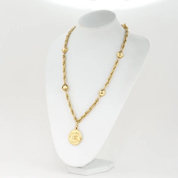 CHANEL CC Logo Round Coin Necklace 30" Gold Tone Auth - Picture 1 of 6